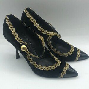 Dolce & Gabbana Size 36.5 (6.5) Black Velvet Gold Mary Jane Pumps Authentic